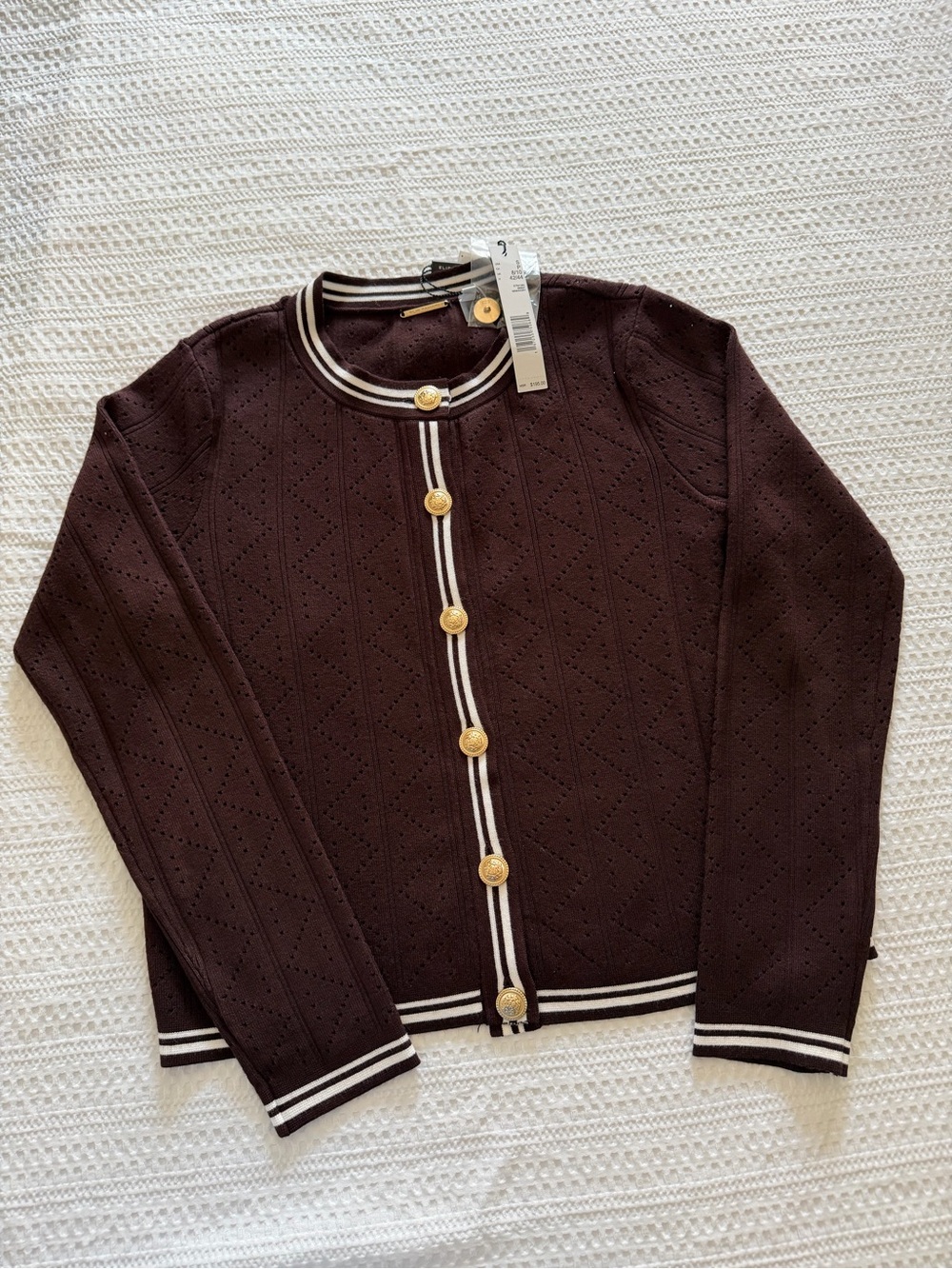 NWT Elie Tahari Chocolate Brown Knit Cardigan with Gold Buttons Size S